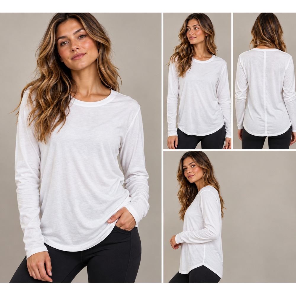 Athleta Women Light White Long Sleeve Relaxed Fit Crew Neck